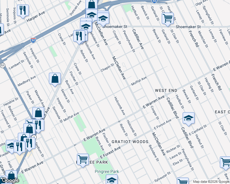 map of restaurants, bars, coffee shops, grocery stores, and more near 5300 Holcomb Avenue in Detroit