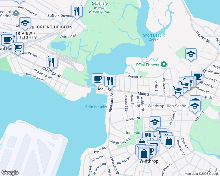 map of restaurants, bars, coffee shops, grocery stores, and more near 56 Main Street in Winthrop