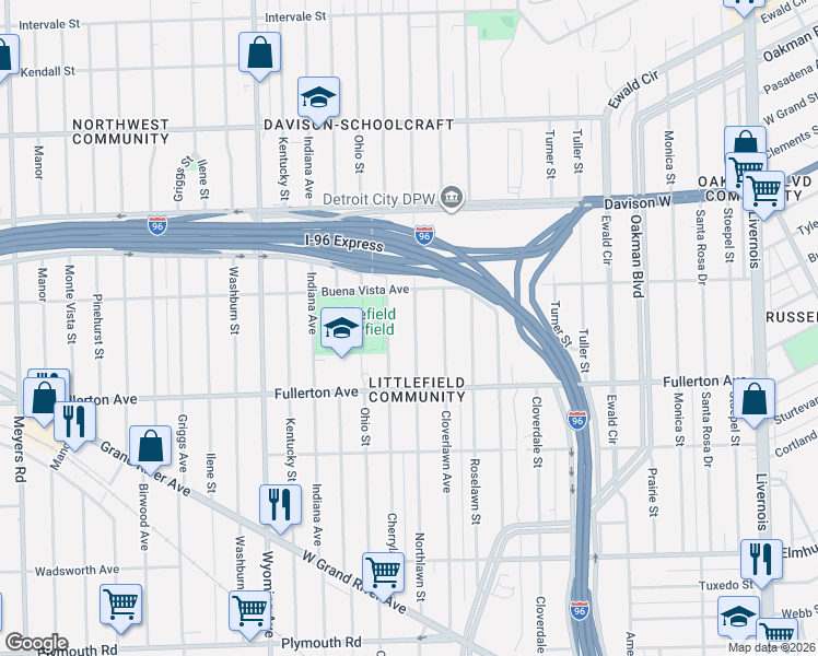 map of restaurants, bars, coffee shops, grocery stores, and more near 12725 Northlawn Street in Detroit