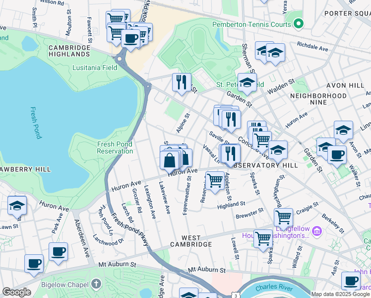 map of restaurants, bars, coffee shops, grocery stores, and more near 50 Chilton Street in Cambridge