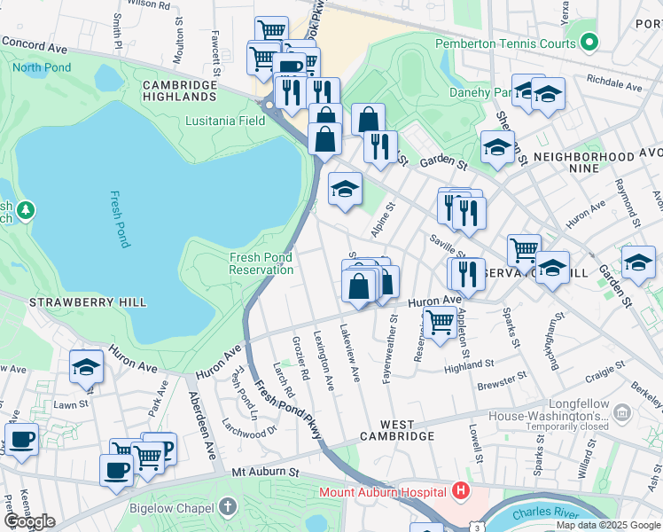 map of restaurants, bars, coffee shops, grocery stores, and more near 223 Lakeview Avenue in Cambridge