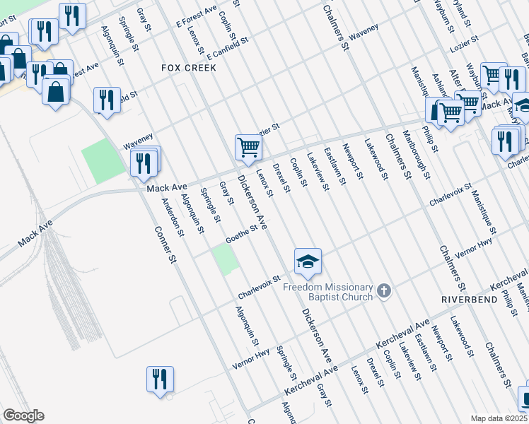 map of restaurants, bars, coffee shops, grocery stores, and more near 3424 Dickerson Avenue in Detroit