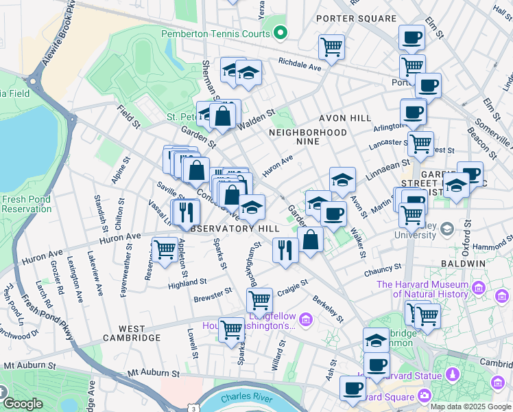 map of restaurants, bars, coffee shops, grocery stores, and more near 138-140 Huron Avenue in Cambridge