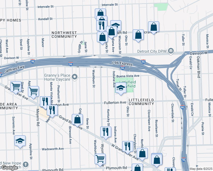 map of restaurants, bars, coffee shops, grocery stores, and more near 12724 Wyoming Avenue in Detroit