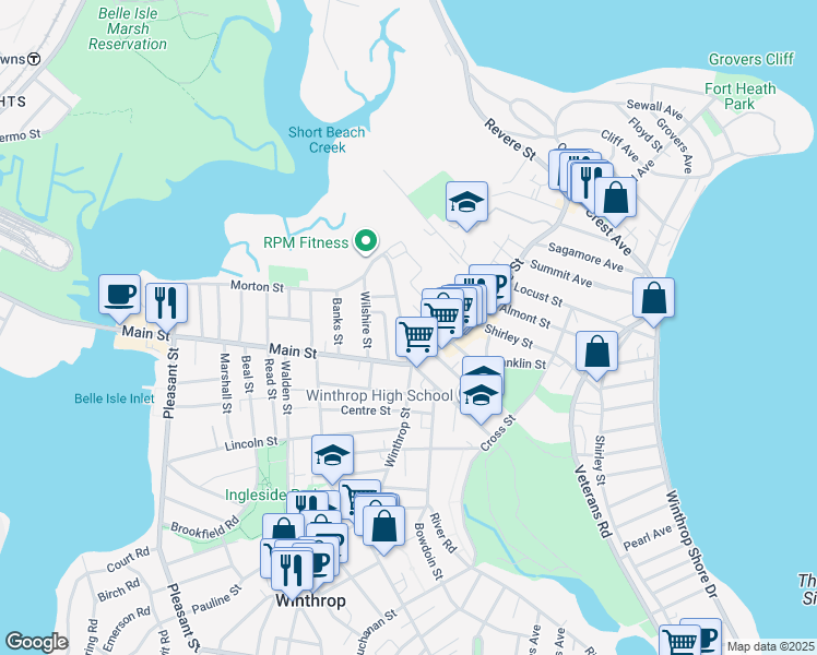 map of restaurants, bars, coffee shops, grocery stores, and more near 29 Paine Street in Winthrop