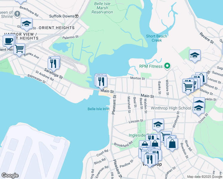 map of restaurants, bars, coffee shops, grocery stores, and more near 56 Main Street in Winthrop
