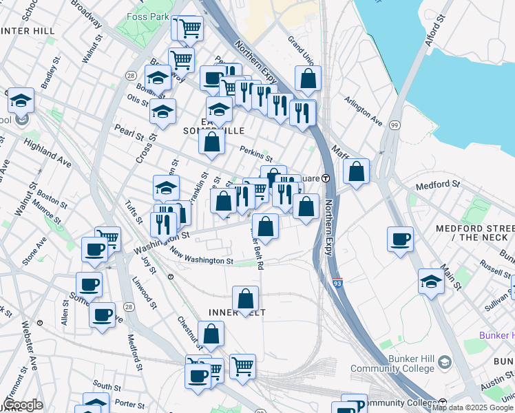 map of restaurants, bars, coffee shops, grocery stores, and more near 125 Cambridge Street in Boston