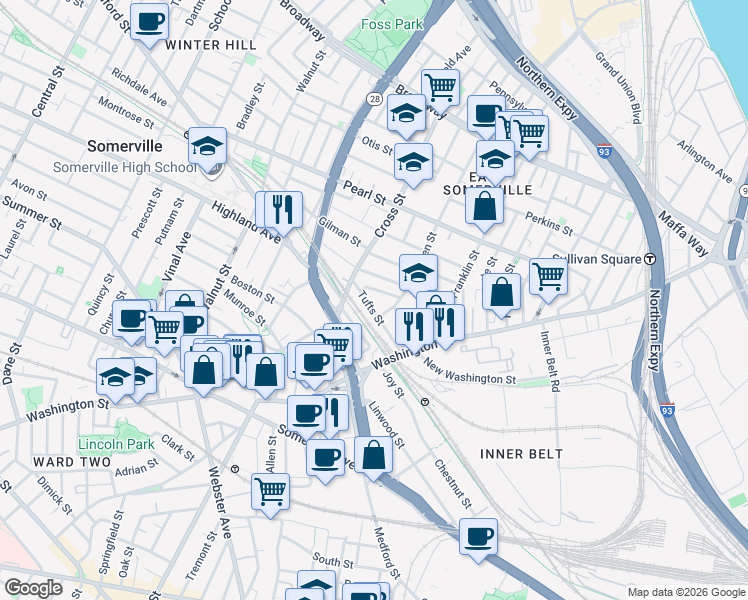 map of restaurants, bars, coffee shops, grocery stores, and more near 60 Tufts Street in Somerville
