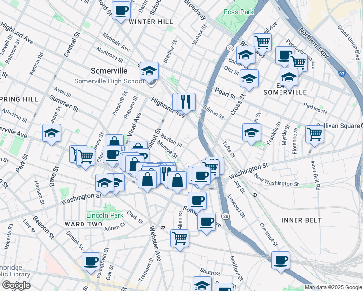map of restaurants, bars, coffee shops, grocery stores, and more near 53 Boston Street in Somerville