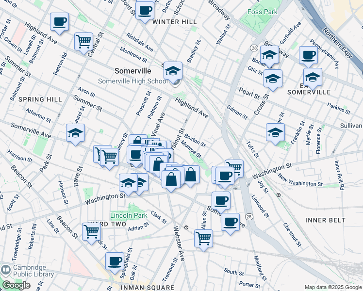 map of restaurants, bars, coffee shops, grocery stores, and more near 33 Walnut Street in Somerville