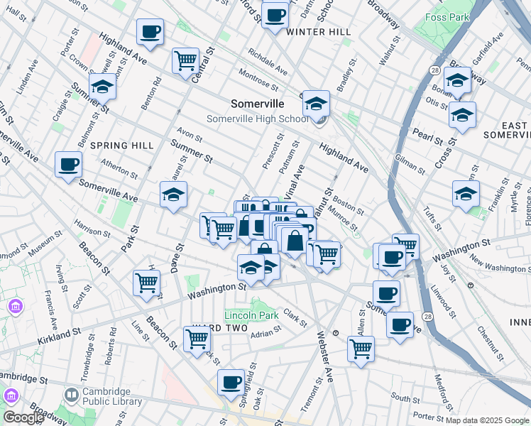 map of restaurants, bars, coffee shops, grocery stores, and more near 20 Summer Street in Somerville