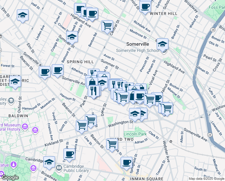 map of restaurants, bars, coffee shops, grocery stores, and more near 460 Somerville Avenue in Somerville