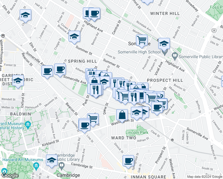 map of restaurants, bars, coffee shops, grocery stores, and more near 460 Somerville Avenue in Somerville