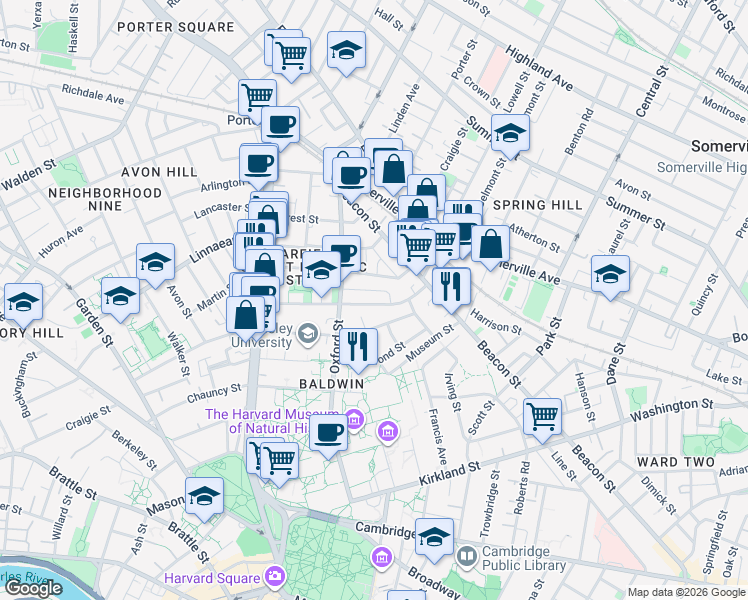 map of restaurants, bars, coffee shops, grocery stores, and more near 48 Sacramento Street in Cambridge
