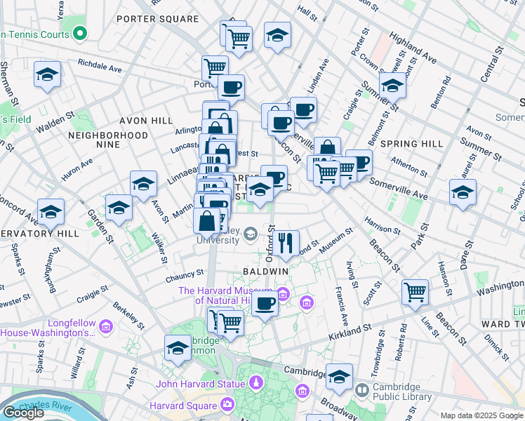 map of restaurants, bars, coffee shops, grocery stores, and more near 36 Sacramento Street in Cambridge