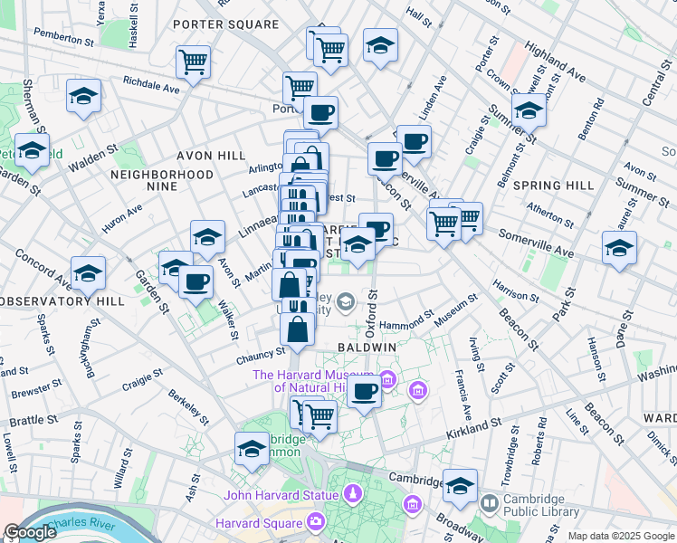 map of restaurants, bars, coffee shops, grocery stores, and more near 16 Sacramento Street in Cambridge