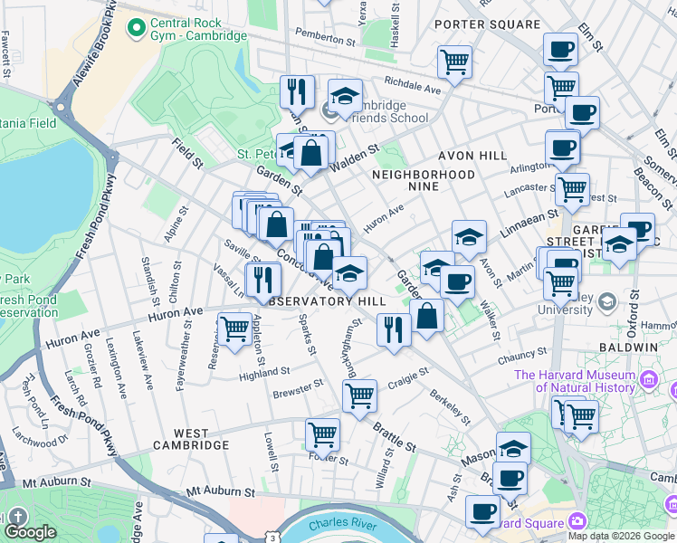 map of restaurants, bars, coffee shops, grocery stores, and more near 138-140 Huron Avenue in Cambridge