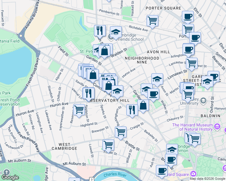 map of restaurants, bars, coffee shops, grocery stores, and more near 138-140 Huron Avenue in Cambridge