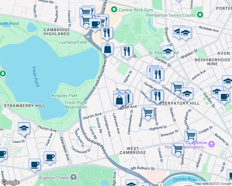 map of restaurants, bars, coffee shops, grocery stores, and more near 45 Standish Street in Cambridge
