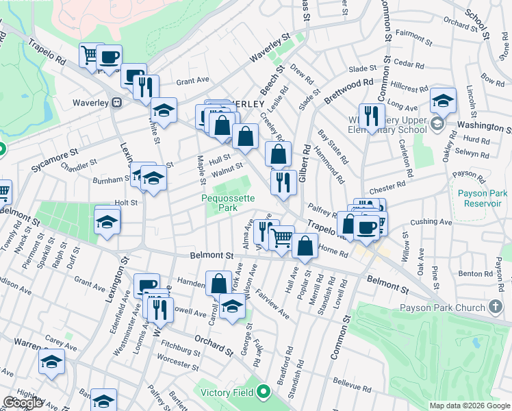 map of restaurants, bars, coffee shops, grocery stores, and more near 49 Bartlett Avenue in Belmont