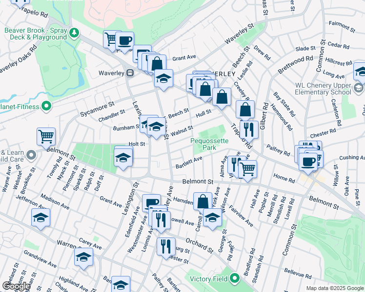 map of restaurants, bars, coffee shops, grocery stores, and more near 47 Chestnut Street in Belmont