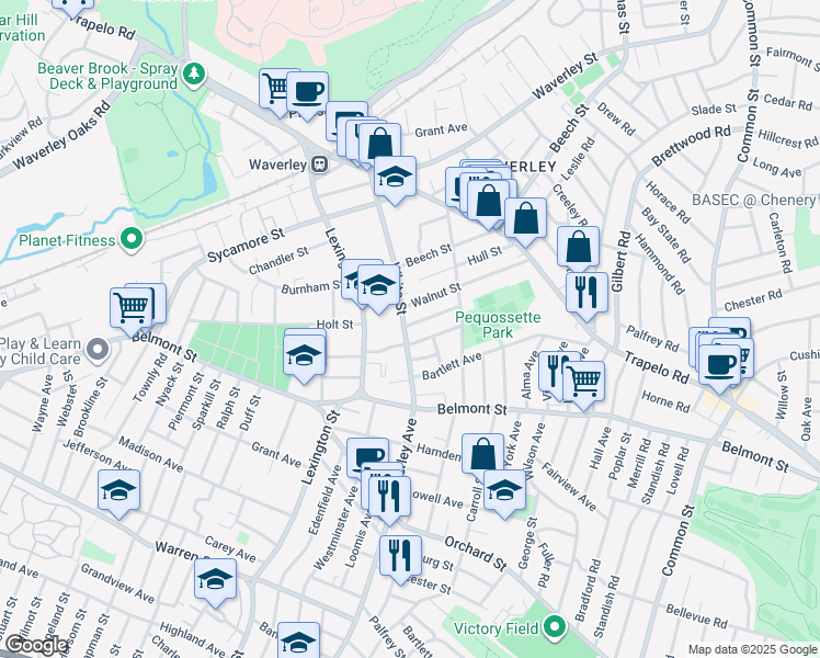 map of restaurants, bars, coffee shops, grocery stores, and more near 46 Chestnut Street in Belmont
