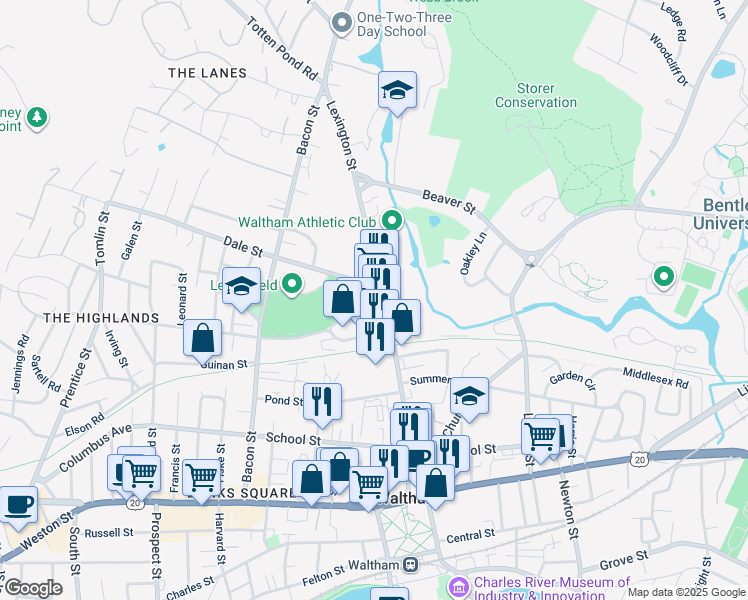 map of restaurants, bars, coffee shops, grocery stores, and more near 175 Lexington Street in Waltham