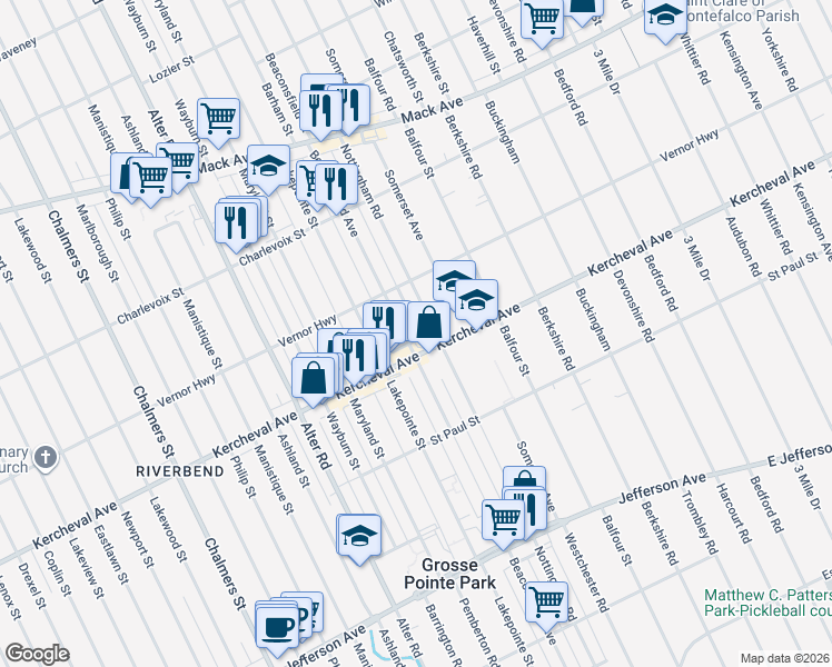 map of restaurants, bars, coffee shops, grocery stores, and more near 1201 Nottingham Road in Grosse Pointe Park