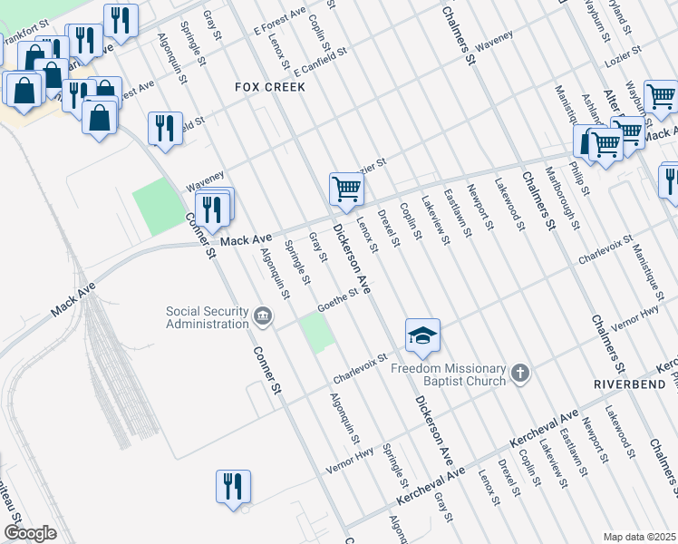 map of restaurants, bars, coffee shops, grocery stores, and more near 3453 Gray Street in Detroit