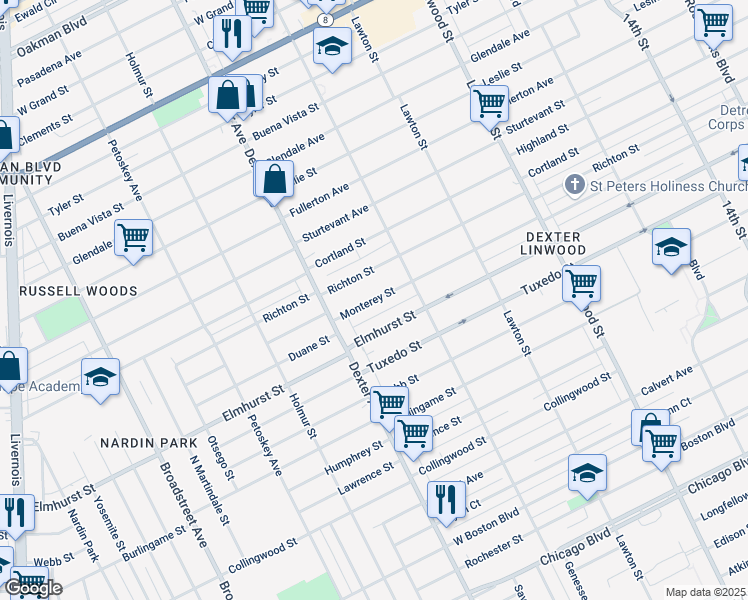 map of restaurants, bars, coffee shops, grocery stores, and more near 3307 Monterey Street in Detroit