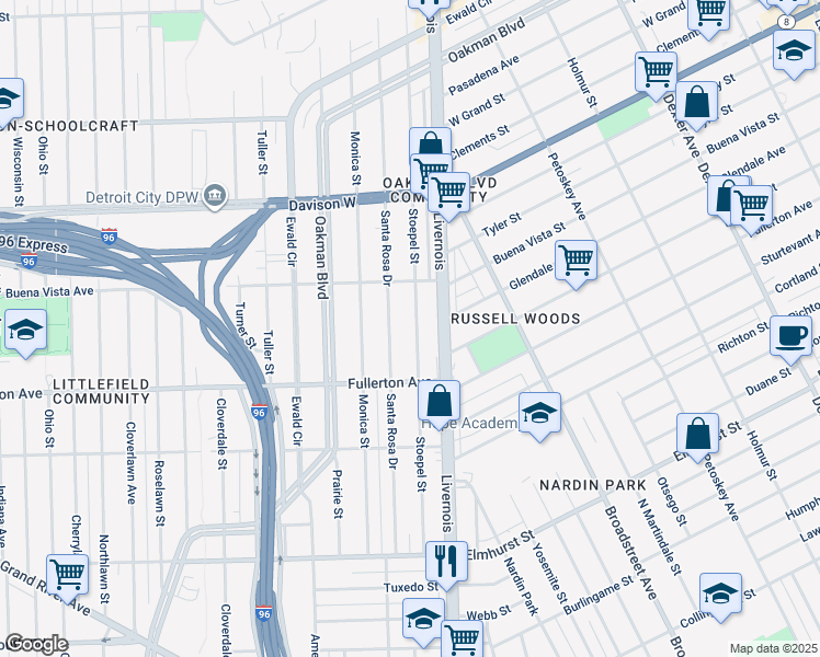 map of restaurants, bars, coffee shops, grocery stores, and more near 12683 Stoepel Street in Detroit