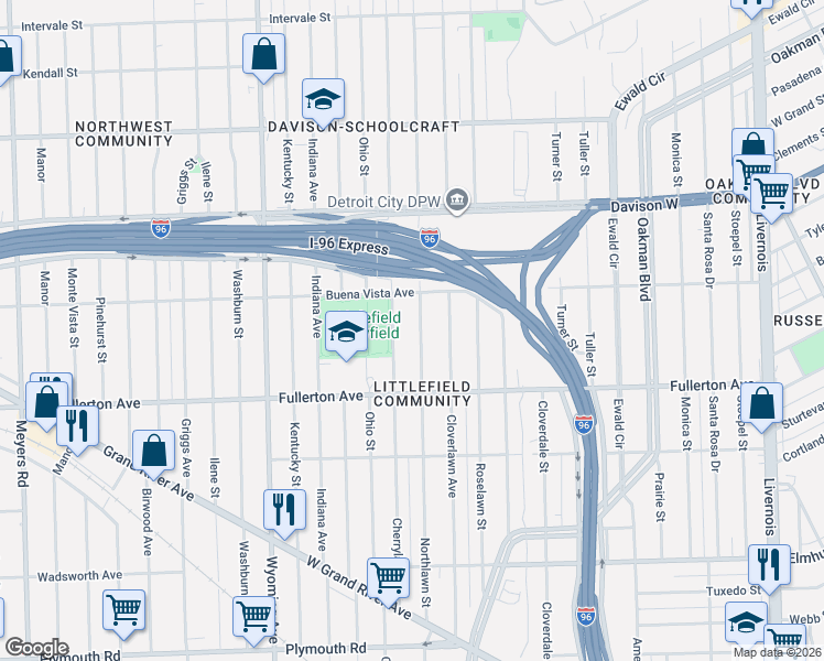map of restaurants, bars, coffee shops, grocery stores, and more near 12708 Northlawn Street in Detroit