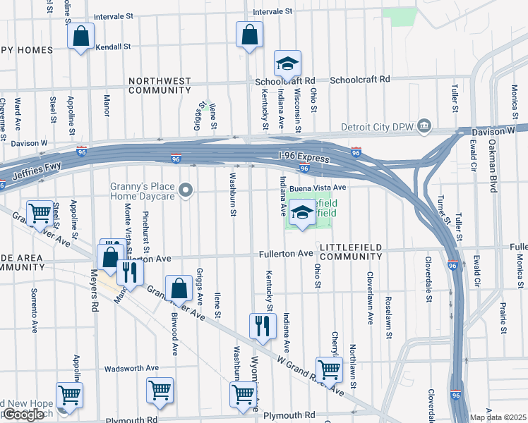 map of restaurants, bars, coffee shops, grocery stores, and more near 12724 Wyoming Avenue in Detroit