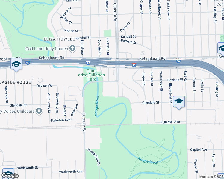 map of restaurants, bars, coffee shops, grocery stores, and more near 12645 Outer Drive West in Detroit