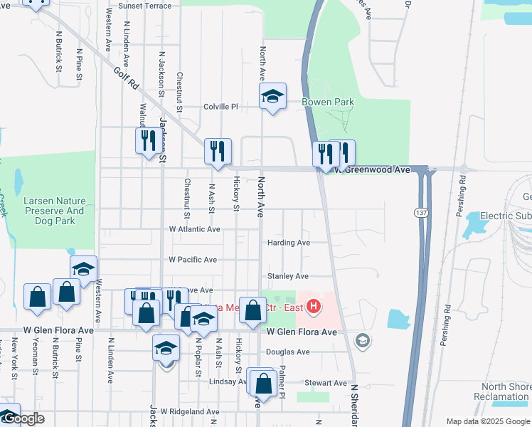 map of restaurants, bars, coffee shops, grocery stores, and more near 1611 North Avenue in Waukegan