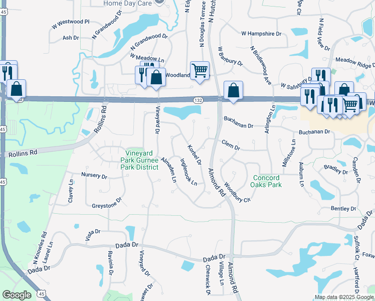 map of restaurants, bars, coffee shops, grocery stores, and more near 7458 Inglenook Lane in Gurnee