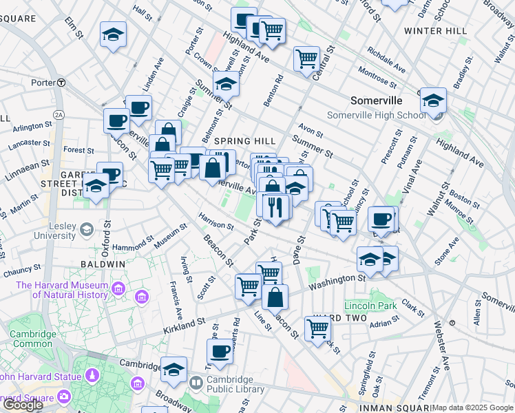 map of restaurants, bars, coffee shops, grocery stores, and more near 530 Somerville Avenue in Somerville