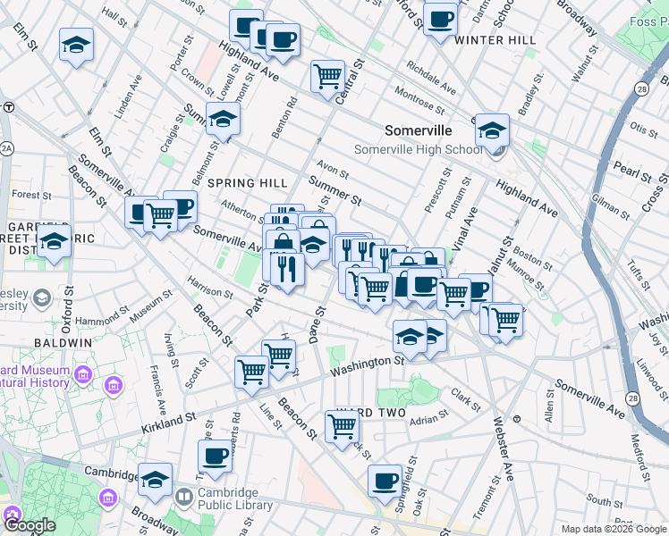 map of restaurants, bars, coffee shops, grocery stores, and more near 460 Somerville Avenue in Somerville