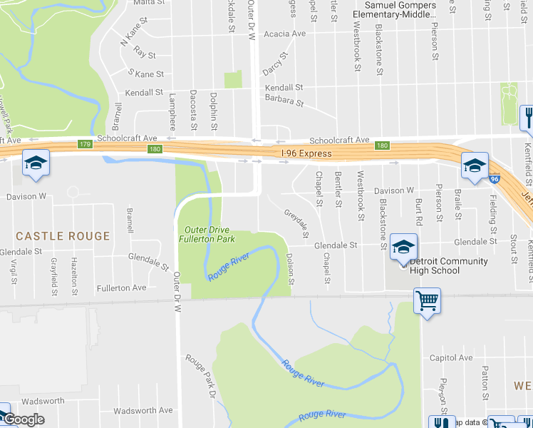 map of restaurants, bars, coffee shops, grocery stores, and more near 12870 Lahser Road in Detroit