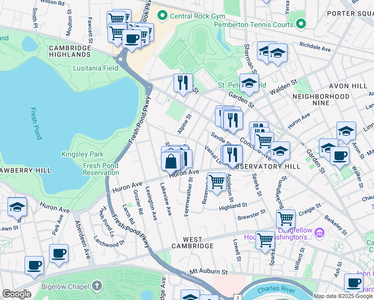 map of restaurants, bars, coffee shops, grocery stores, and more near 50 Chilton Street in Cambridge