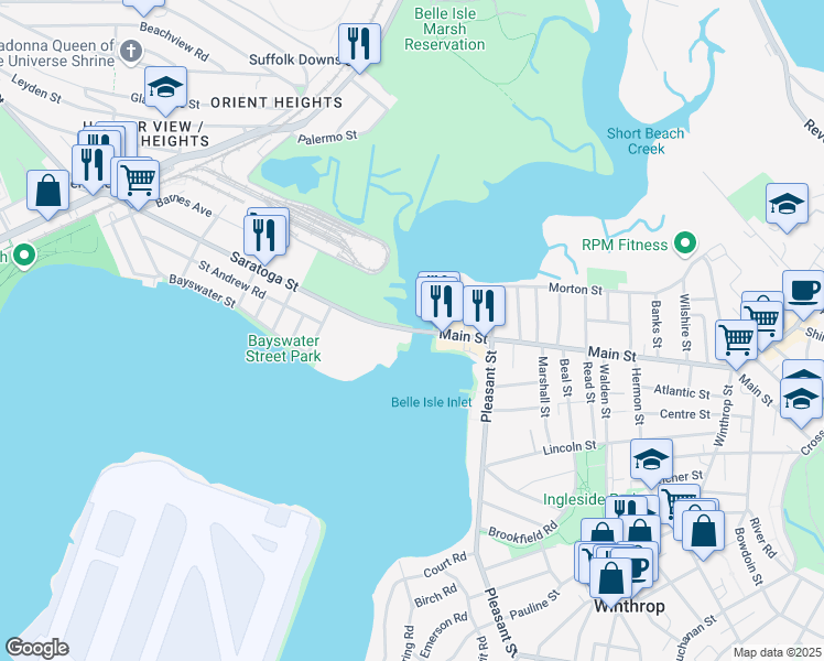 map of restaurants, bars, coffee shops, grocery stores, and more near 2128 Saratoga Street in Boston