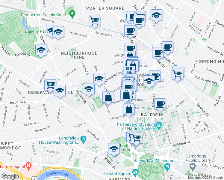 map of restaurants, bars, coffee shops, grocery stores, and more near in Cambridge