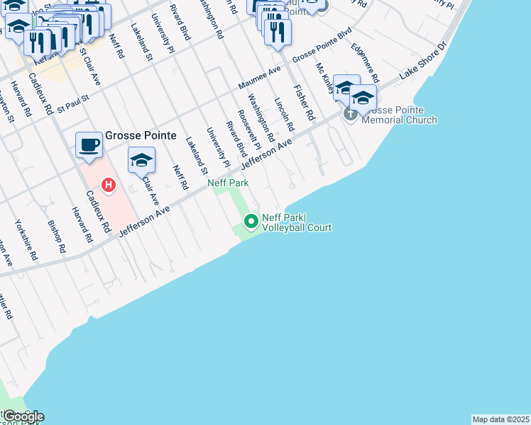 map of restaurants, bars, coffee shops, grocery stores, and more near 1 Martin Place in Grosse Pointe