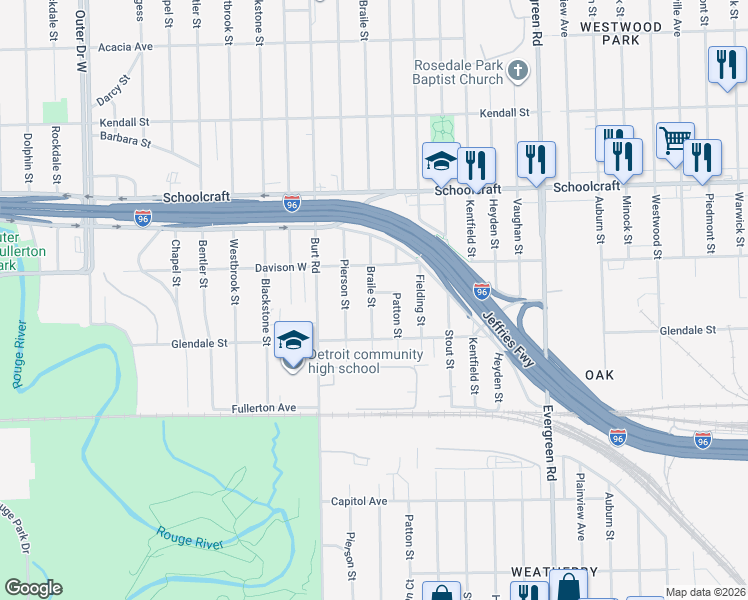 map of restaurants, bars, coffee shops, grocery stores, and more near 12868 Braile St in Detroit