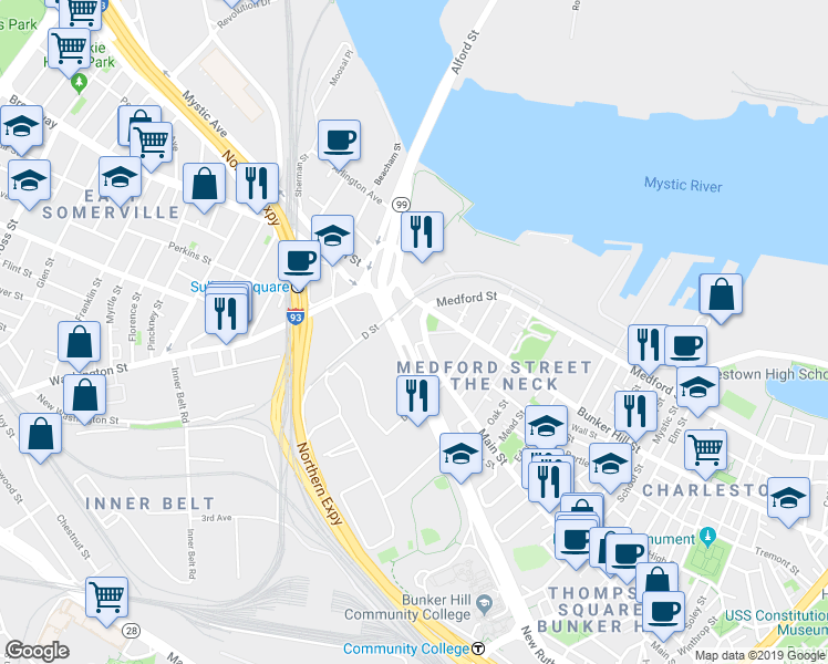 map of restaurants, bars, coffee shops, grocery stores, and more near 547 Rutherford Avenue in Boston