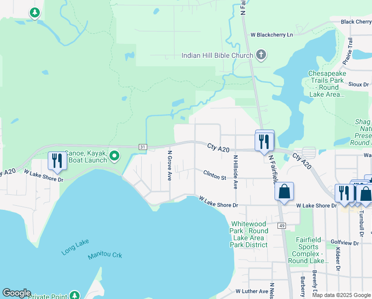 map of restaurants, bars, coffee shops, grocery stores, and more near 24925 West Rollins Road in Round Lake