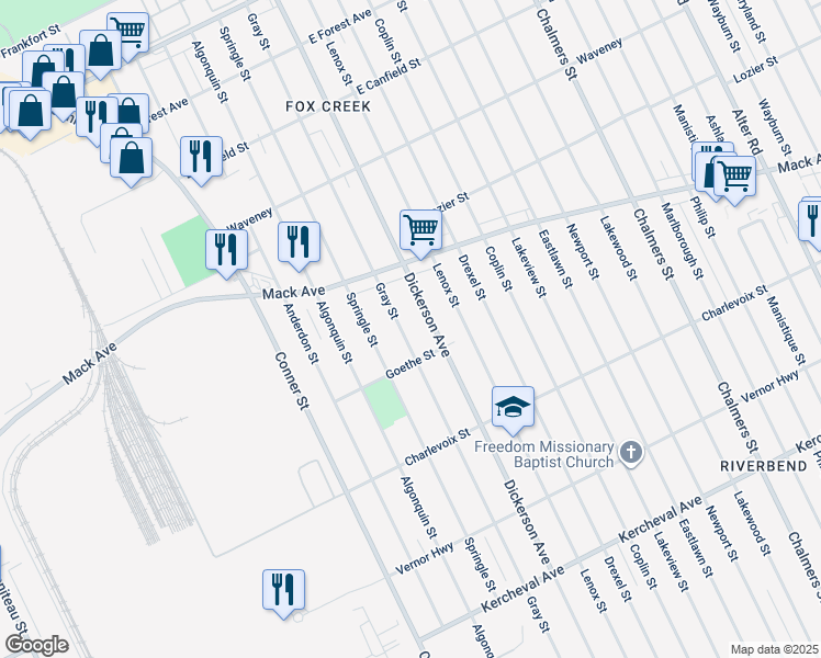 map of restaurants, bars, coffee shops, grocery stores, and more near 3453 Gray Street in Detroit