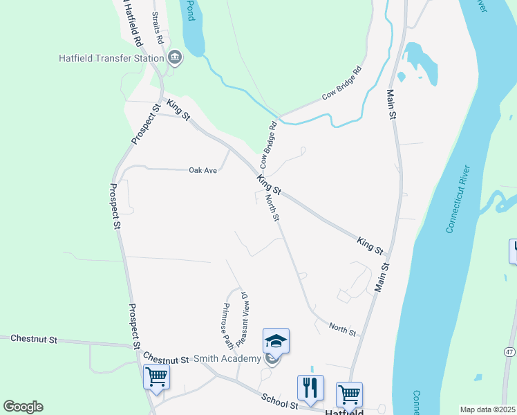 map of restaurants, bars, coffee shops, grocery stores, and more near 57 North Street in Hatfield