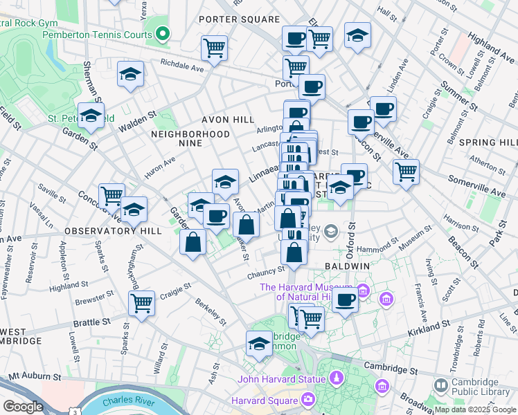 map of restaurants, bars, coffee shops, grocery stores, and more near in Cambridge