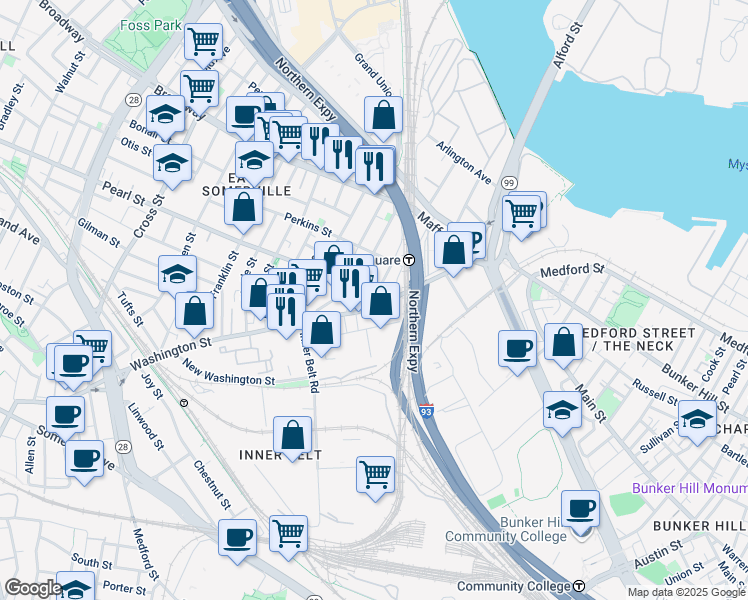 map of restaurants, bars, coffee shops, grocery stores, and more near 99-103 Cambridge Street in Boston